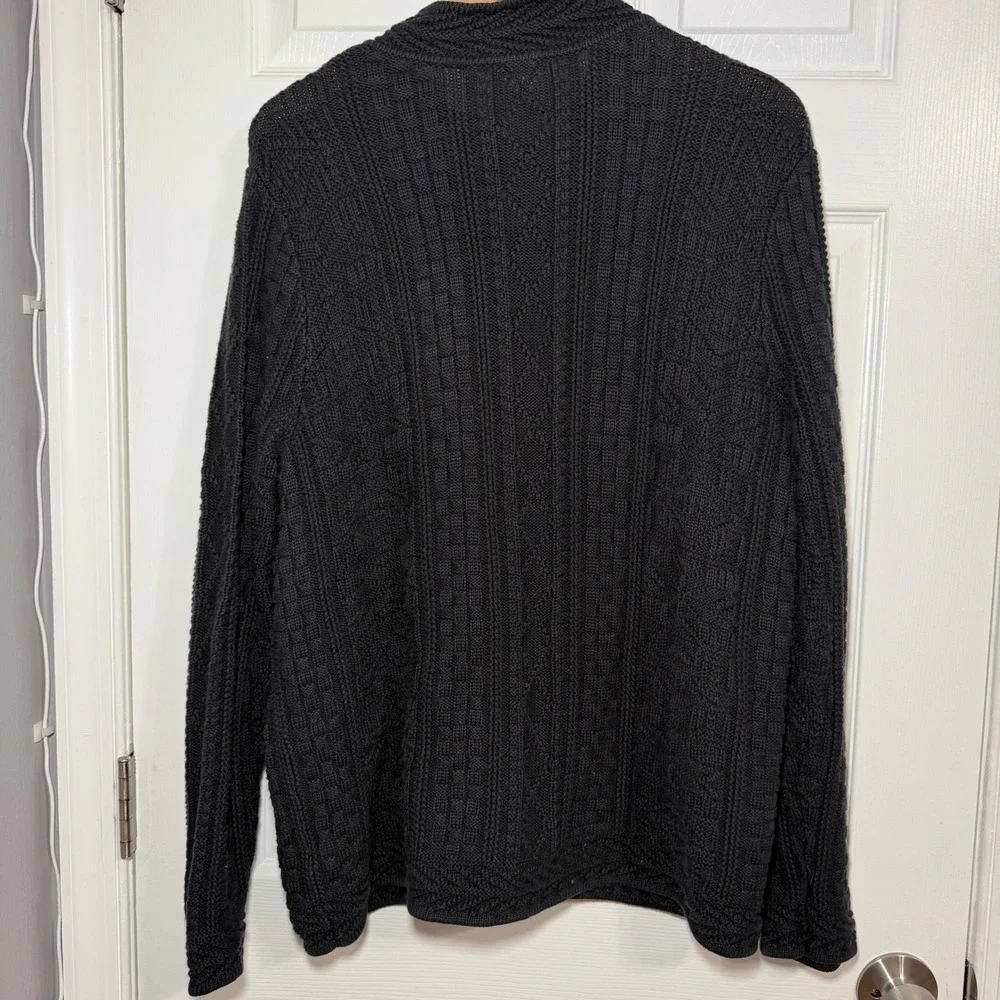 LL Bean Cardigan Sweater Womens 1X gray black Chunky CableKnit Fisherman Button